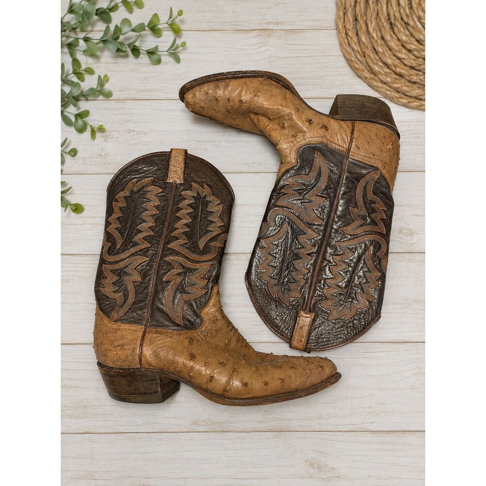 Vintage Panhandle Slim Ostrich Quill Cowboy Boots Tan Brown Western Mexico
